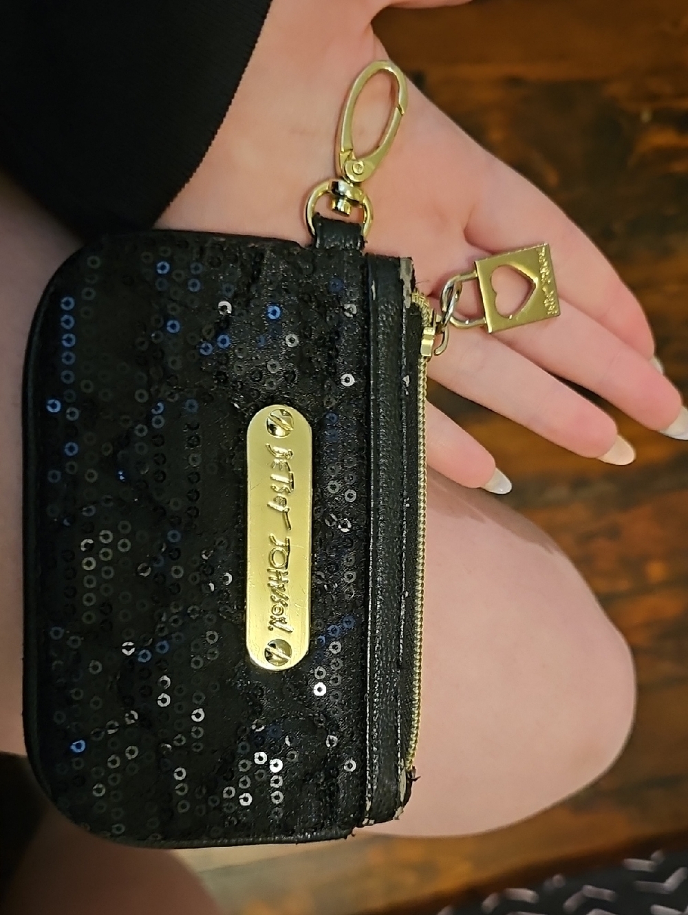 Betsey Johnson Black Sequin Coin Pouch with Gold Accents